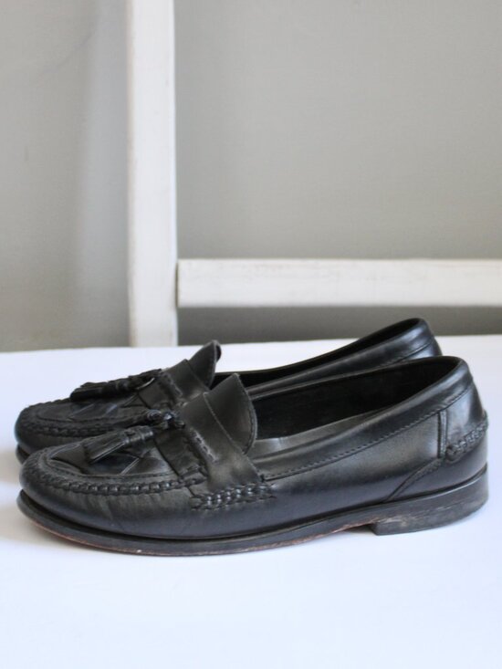 Johnston & Murphy Black Woven Leather Tassel Slip-On Kiltie Loafers Mens Size 9